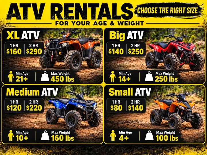 ATV rental size chart with 1-hour and 2-hour prices, minimum ages and rider weight limits: XL ATV $160 and $290, 21 and up, 450 lb; Big ATV $140 and $250, 14 and up, 250 lb; Medium ATV $120 and $220, 10 and up, 160 lb; Small ATV $80 and $140, 4 and up, 100 lb