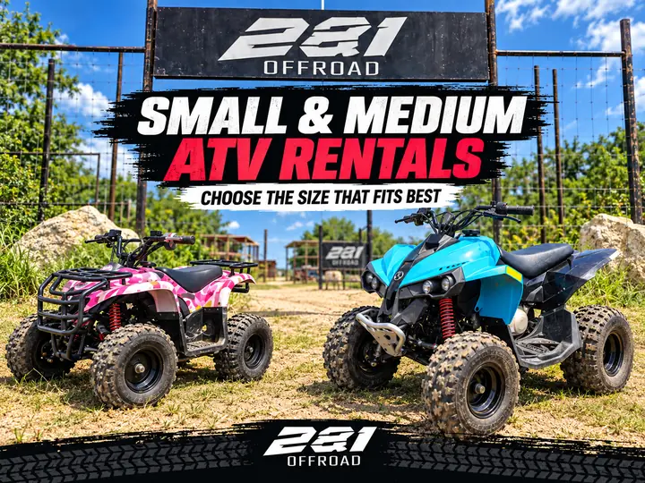Graphic: Small and Medium ATV rentals at 281 Offroad, choose the size that fits best, with a pink Small ATV beside a blue Medium ATV