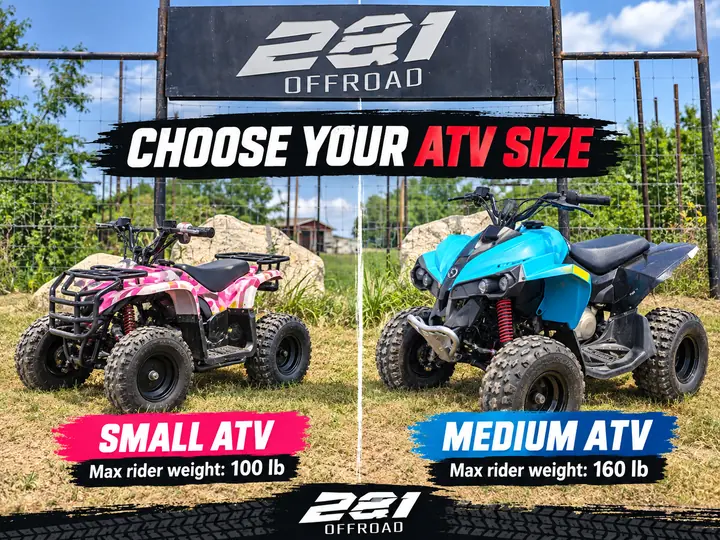 Graphic comparing the two youth ATV sizes: Small ATV, max rider weight 100 lb; Medium ATV, max rider weight 160 lb
