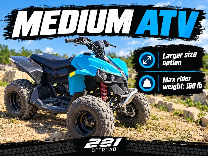 Medium ATV fact graphic: the larger size option, max rider weight 160 lb