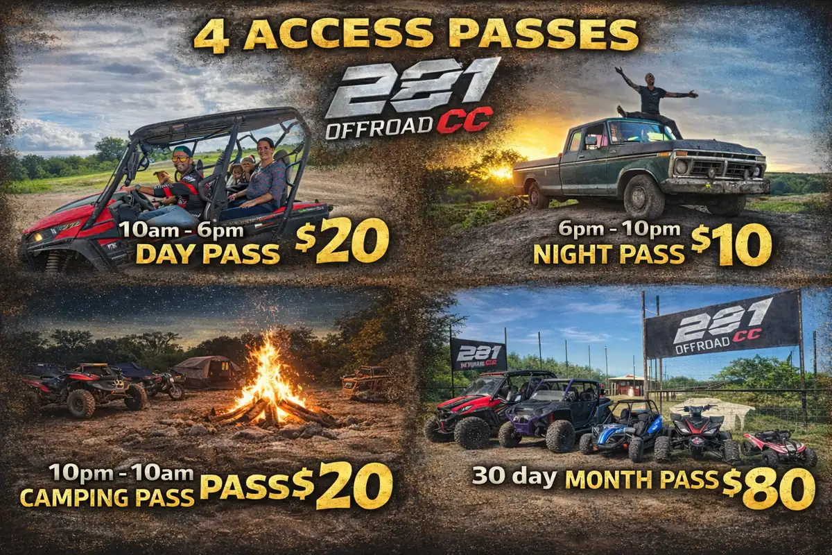 All 4 ATV park access pass types — Day $20, Night $10, Overnight $20, Monthly $80 — 281 Country Club San Antonio TX